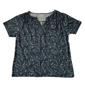L.L. Bean Petite Floral Print Short Sleeve Top Navy Blue Size Medium Petite
